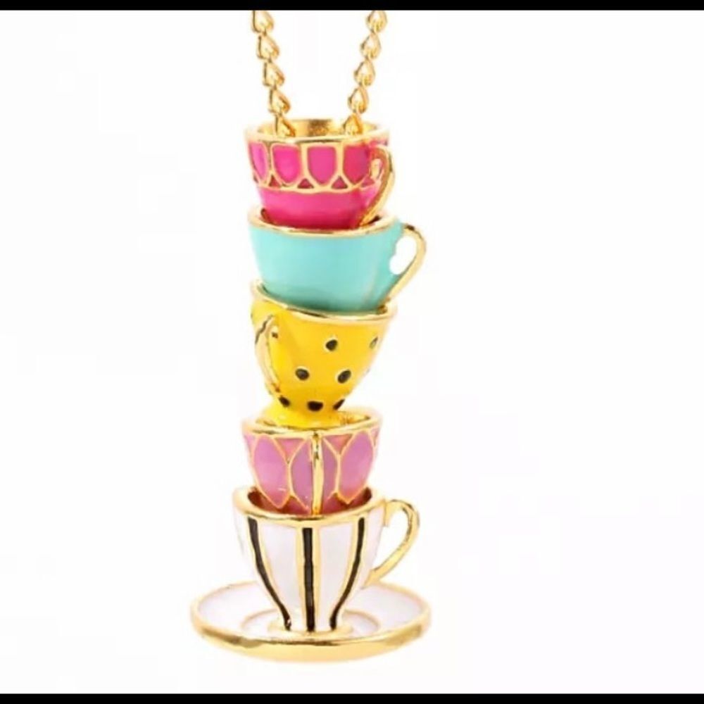 Enamel Teacup Tower Necklace In Pink Yellow‎ Turquoise and White